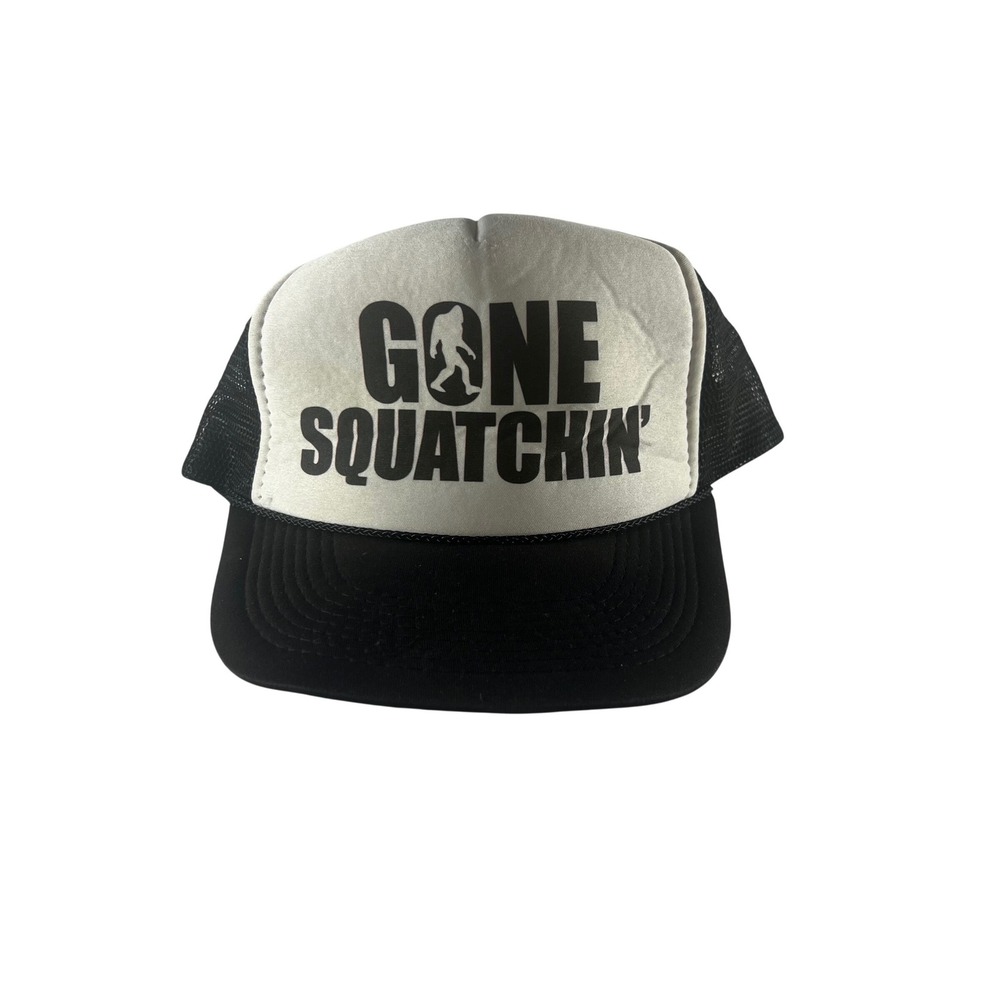 Vintage‎ Gone Squatchin Trucker Hat SnapBack Black White Mesh Bigfoot One Size